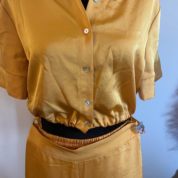 House of Harlow x Revolve matching gold satin set wide leg pants button up top. - Picture 3 of 8